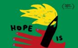 Hope Is a Word poster featuring red hands holding a black pen with a yellow flame against a green background.