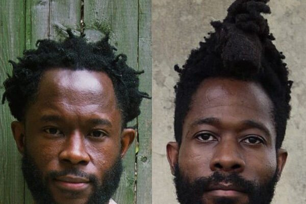 Nigerian twin filmmakers Arie and Chuko Esiri posing together.