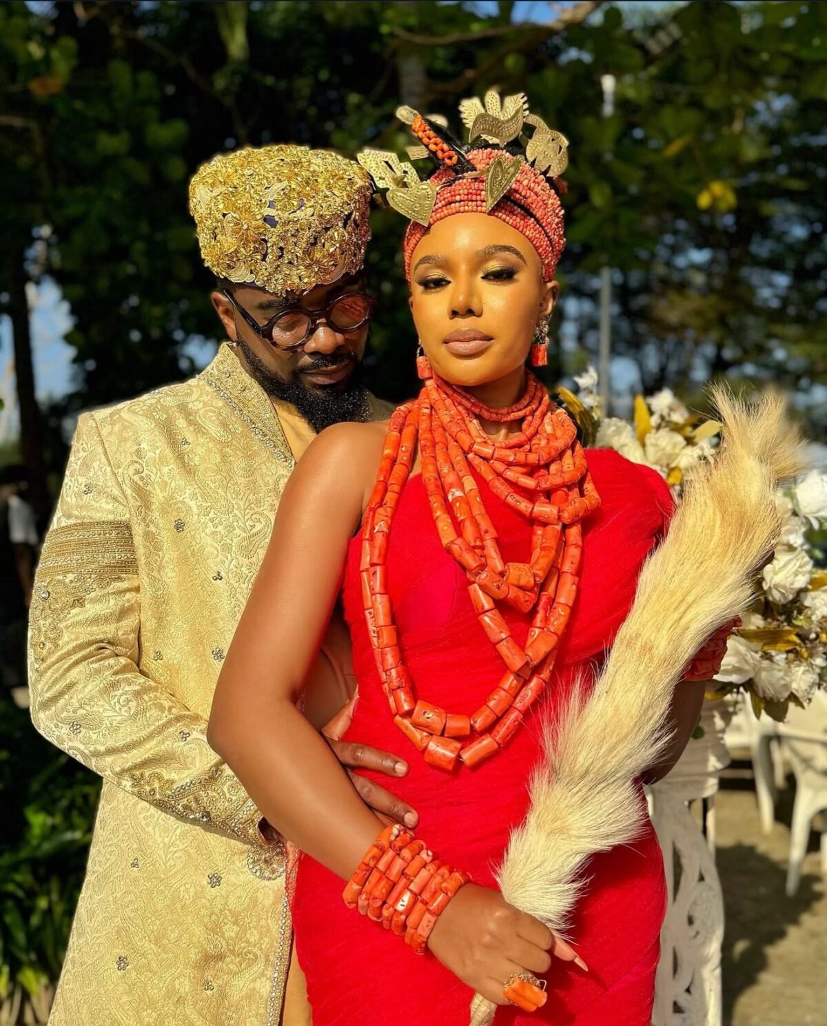 Nancy Isime and Uzor Arukwe wearing traditional Edo attire for Loving Itohan.