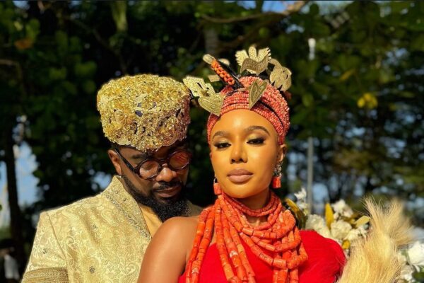 Nancy Isime and Uzor Arukwe wearing traditional Edo attire for Loving Itohan.