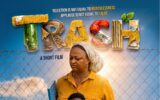 Trash short-film poster showing a schoolboy standing in front of a woman holding books and a ruler.