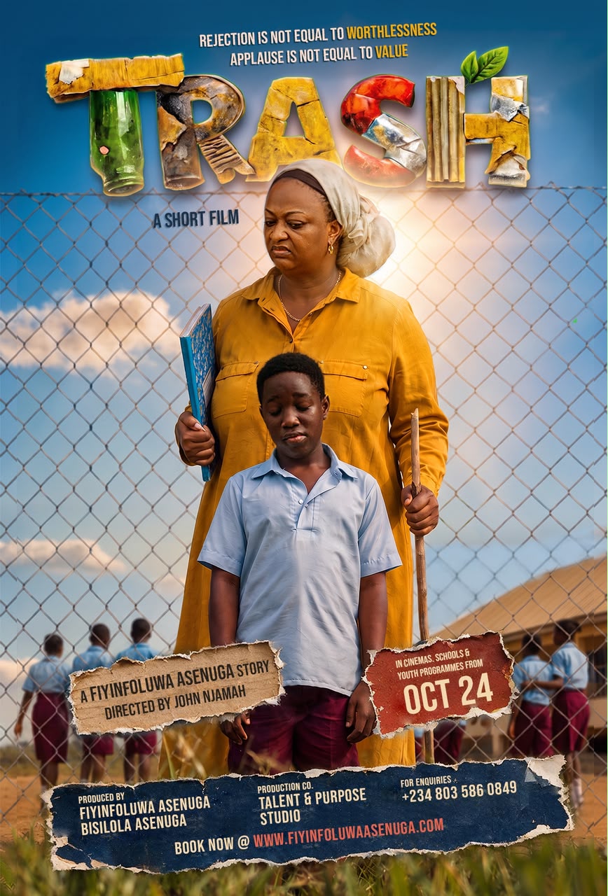 Trash short-film poster showing a schoolboy standing in front of a woman holding books and a ruler.