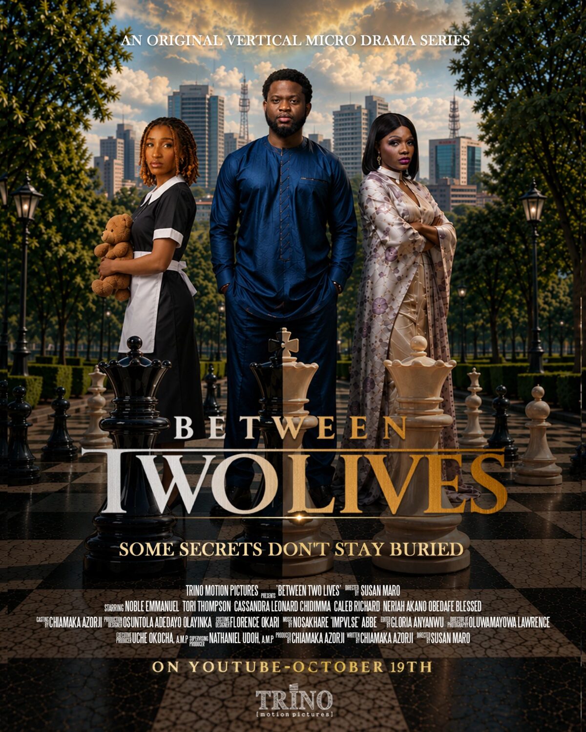 Between Two Lives poster featuring three characters behind oversized chess pieces