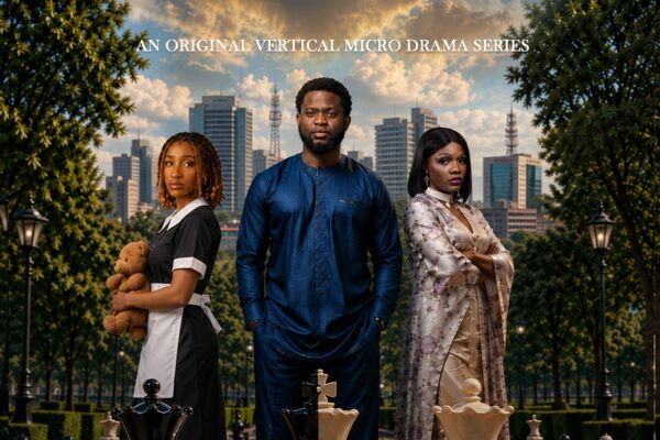 Between Two Lives poster featuring three characters behind oversized chess pieces