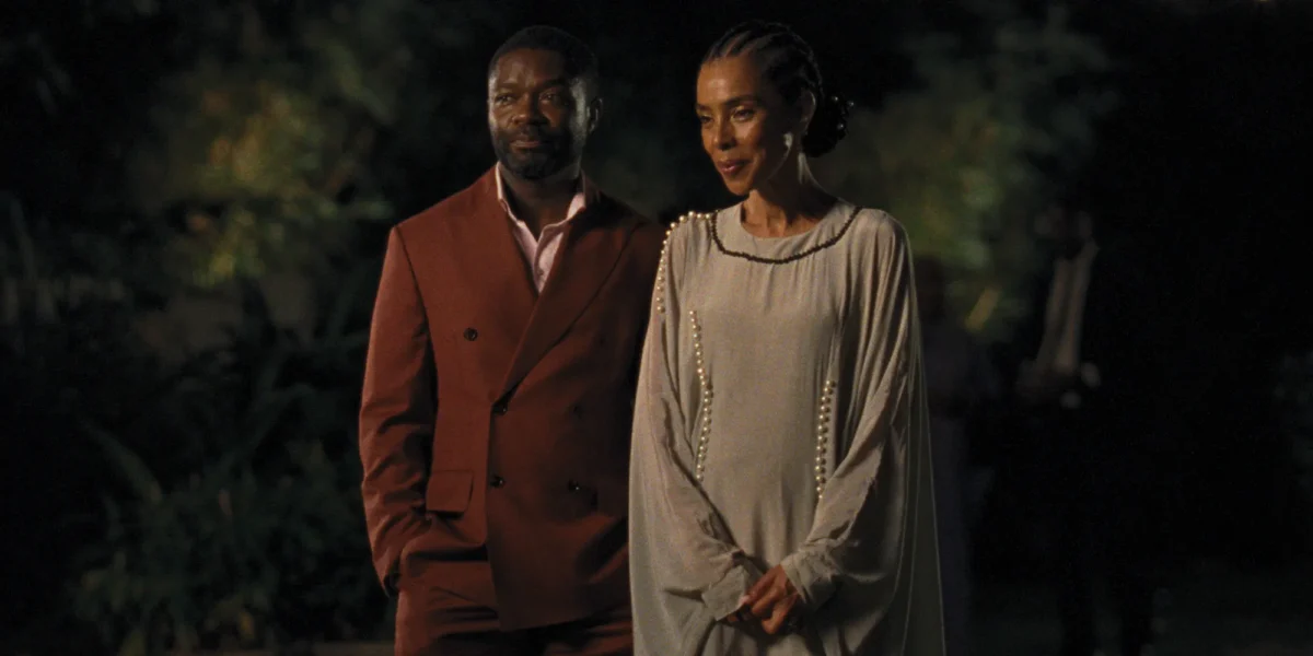 David Oyelowo and Sophie Okonedo standing outdoors at night in Clarissa